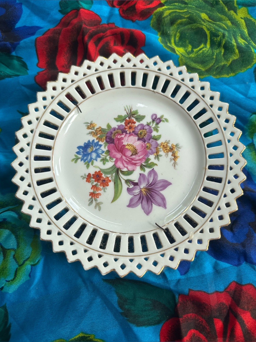 Bavarian Porcelain Floral Plate with Lattice Edges and Gold Trim